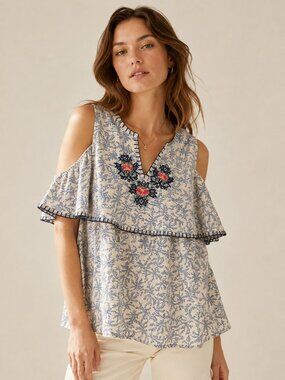 THML Embroidered Floral Cold Shoulder Ruffle Top Size NWT